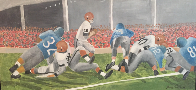 Before his death, Greg Ploetz painted this image of a University of Texas football game. His number was 31 (left).